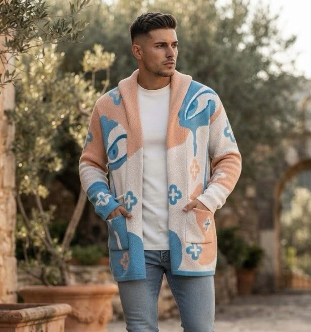 NWT ROKU Studio Mens Sz M The Real Eyes Hooded Zip Cardigan Sweater Jacket Blue